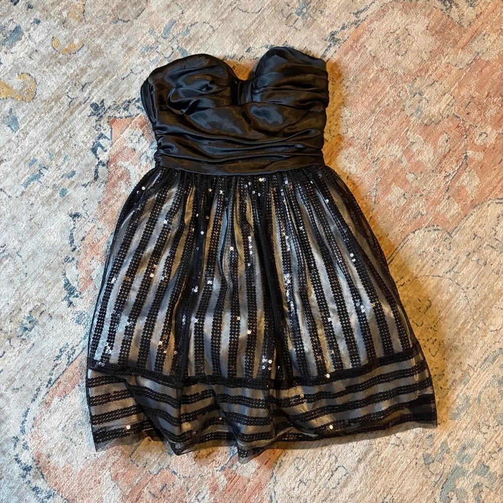 Blondie Nites Black Sequin Strapless Ruched Y2K Dress Size 3 159060